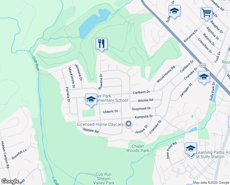 map of restaurants, bars, coffee shops, grocery stores, and more near 15008 Carlbern Drive in Centreville