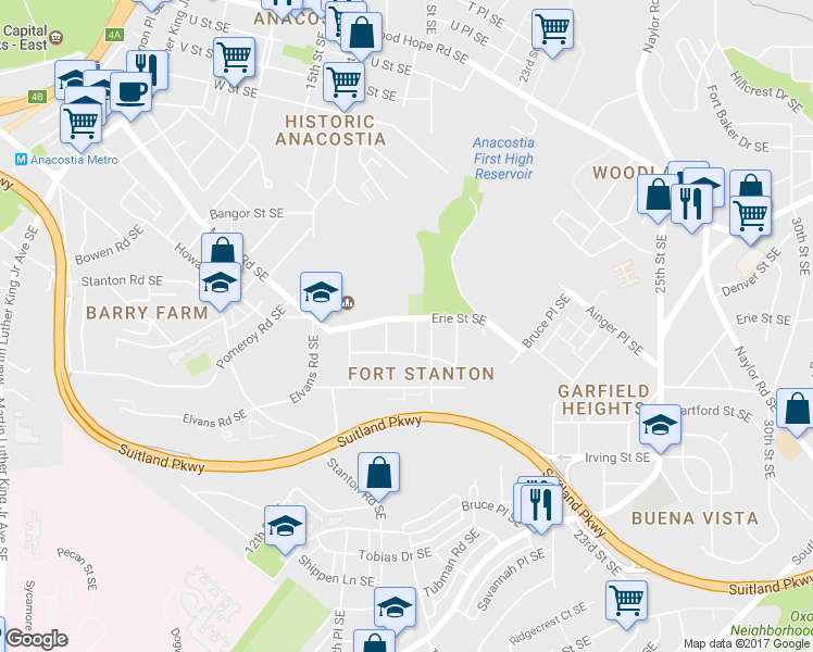 map of restaurants, bars, coffee shops, grocery stores, and more near 1715 Erie Street Southeast in Washington