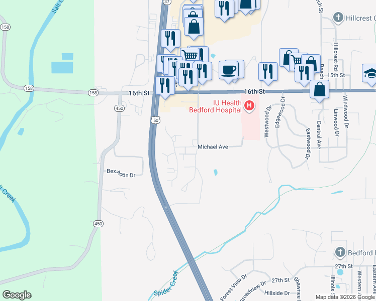 map of restaurants, bars, coffee shops, grocery stores, and more near 3326 Michael Avenue in Bedford