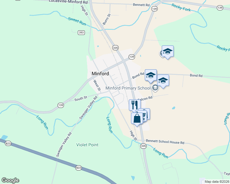 map of restaurants, bars, coffee shops, grocery stores, and more near Back Street in Minford