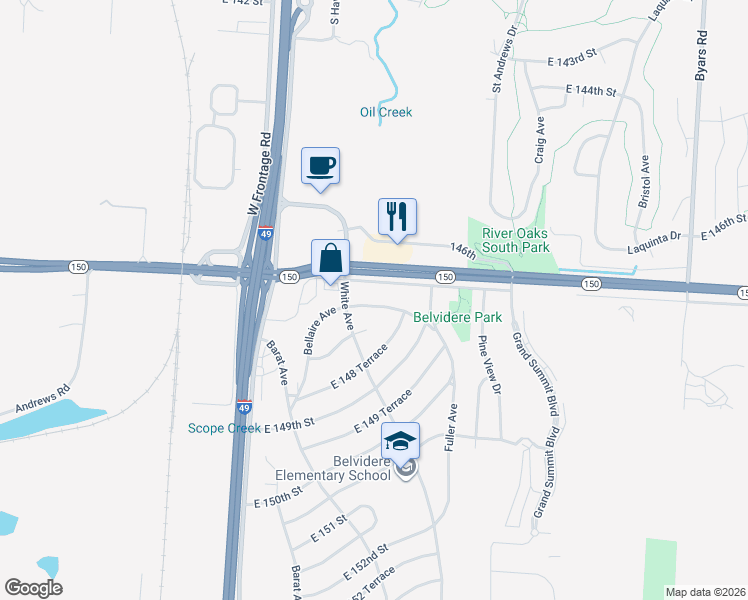 map of restaurants, bars, coffee shops, grocery stores, and more near 6108 East 147th Terrace in Grandview