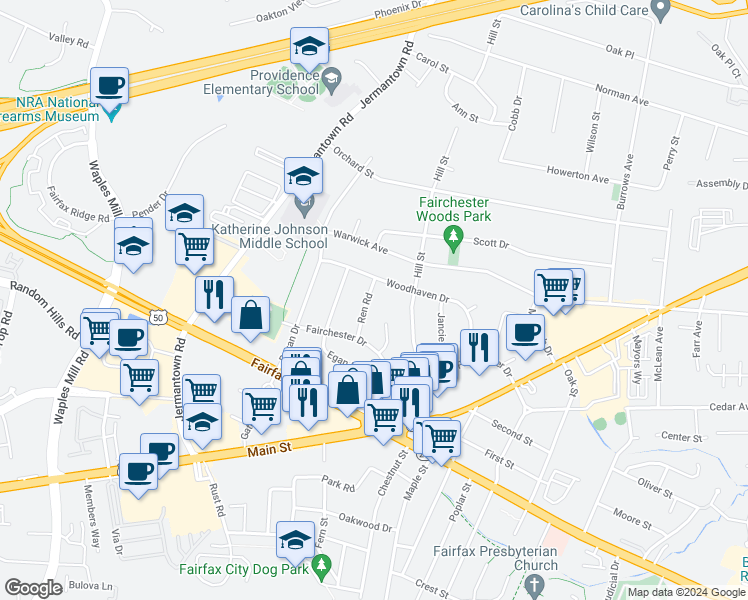 map of restaurants, bars, coffee shops, grocery stores, and more near 3813 Ren Road in Fairfax