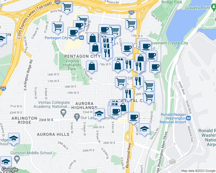 map of restaurants, bars, coffee shops, grocery stores, and more near 600 18th Street South in Arlington