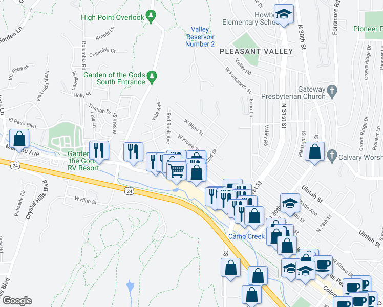 map of restaurants, bars, coffee shops, grocery stores, and more near 9 North 33rd Street in Colorado Springs