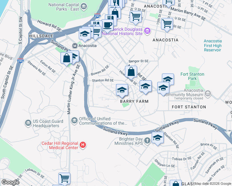 map of restaurants, bars, coffee shops, grocery stores, and more near 2629 Douglass Road in Washington
