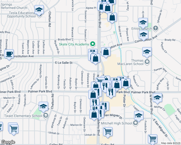 map of restaurants, bars, coffee shops, grocery stores, and more near 3754 East La Salle Street in Colorado Springs