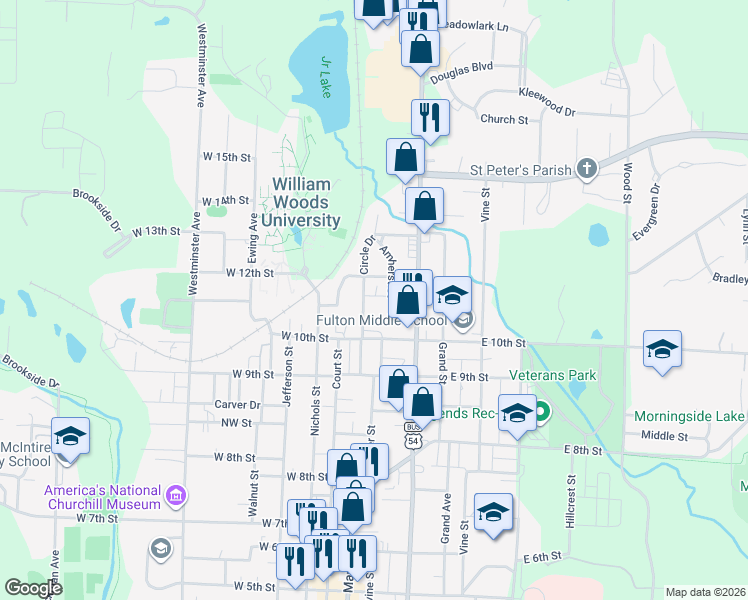 map of restaurants, bars, coffee shops, grocery stores, and more near 1107A Amherst Street in Fulton