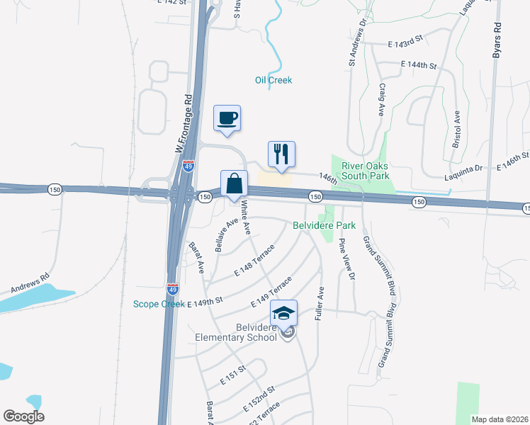 map of restaurants, bars, coffee shops, grocery stores, and more near 6203 East 147th Street in Grandview