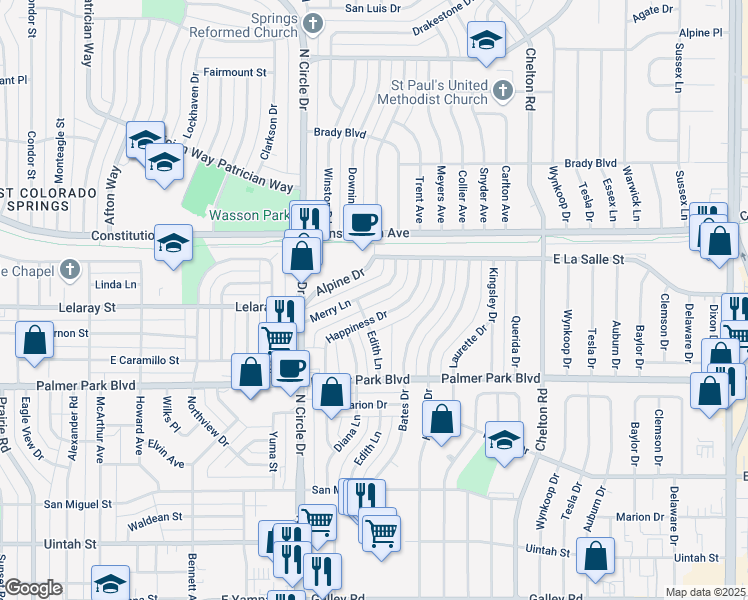 map of restaurants, bars, coffee shops, grocery stores, and more near 2879 Merry Lane in Colorado Springs