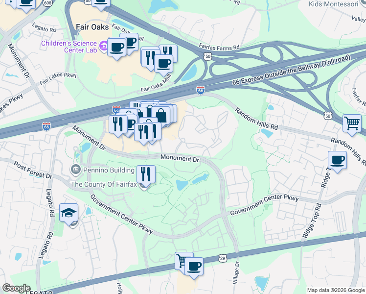 map of restaurants, bars, coffee shops, grocery stores, and more near 11728 Fairfax Woods Way in Fairfax