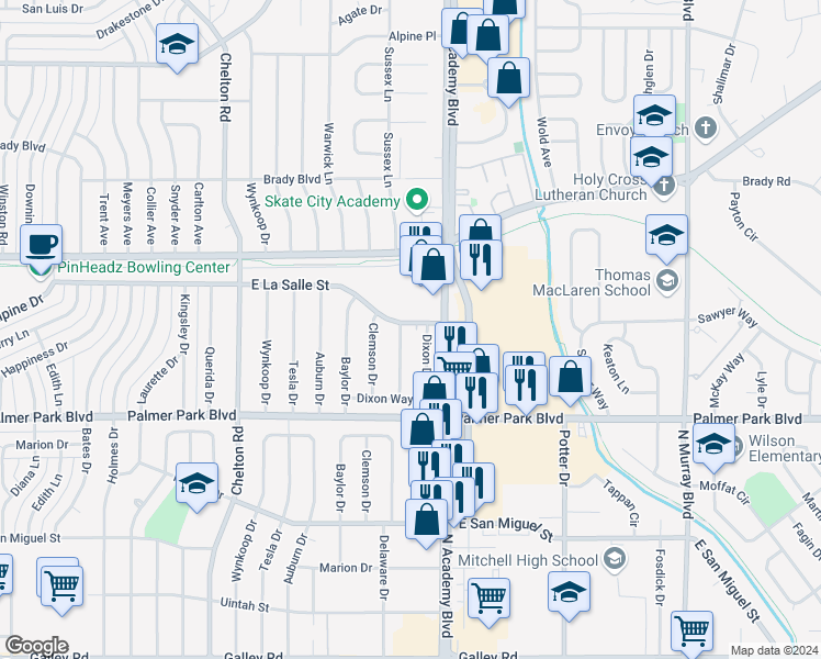 map of restaurants, bars, coffee shops, grocery stores, and more near 3754 East La Salle Street in Colorado Springs