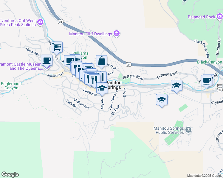 map of restaurants, bars, coffee shops, grocery stores, and more near in Manitou Springs