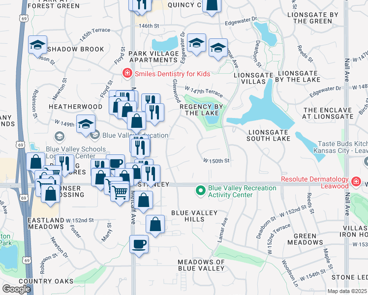 map of restaurants, bars, coffee shops, grocery stores, and more near Riggs Street in Overland Park