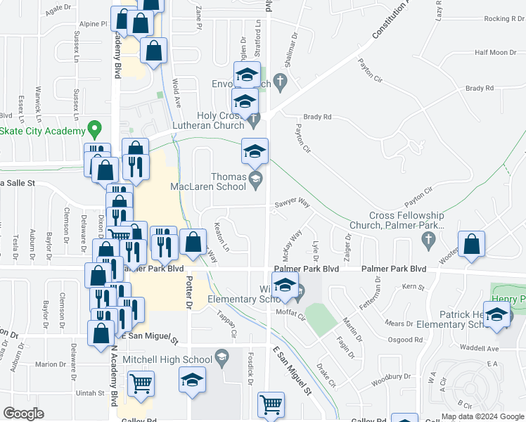 map of restaurants, bars, coffee shops, grocery stores, and more near 1690 North Murray Boulevard in Colorado Springs