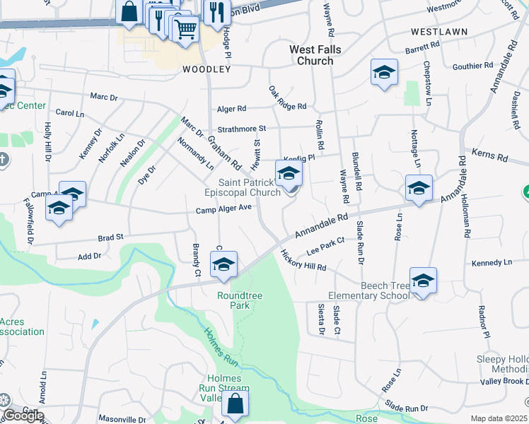 map of restaurants, bars, coffee shops, grocery stores, and more near 3303 Graham Road in Falls Church