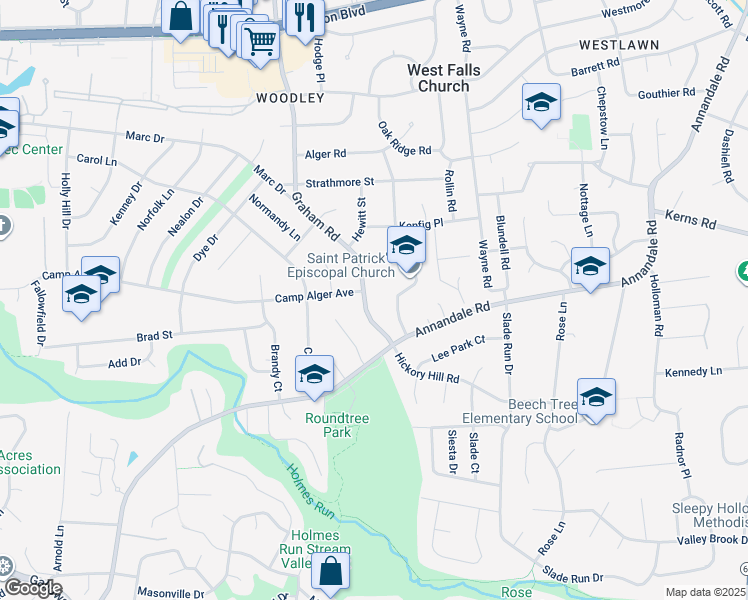 map of restaurants, bars, coffee shops, grocery stores, and more near 3303 Graham Road in Falls Church