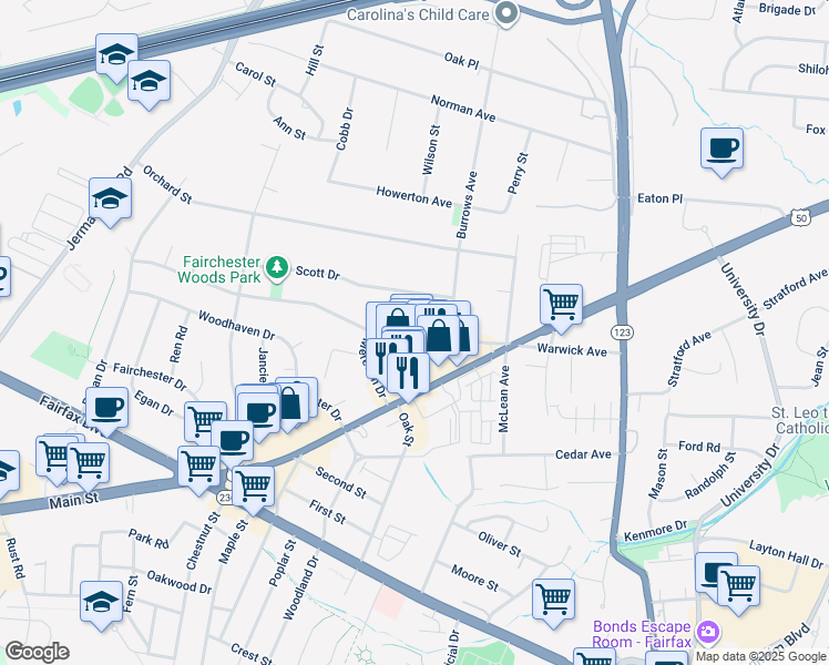 map of restaurants, bars, coffee shops, grocery stores, and more near 10706 Warwick Avenue in Fairfax