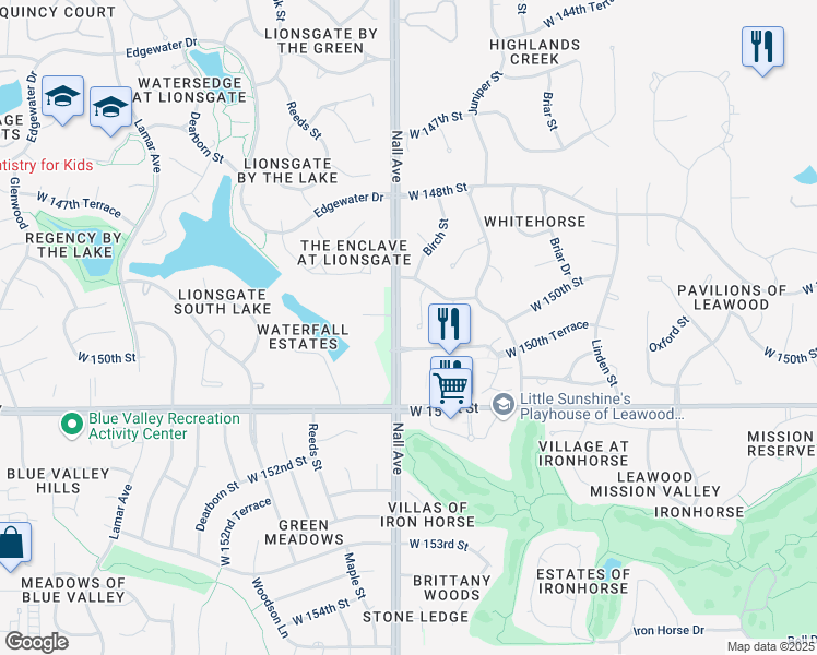 map of restaurants, bars, coffee shops, grocery stores, and more near 14914 Birch Street in Overland Park