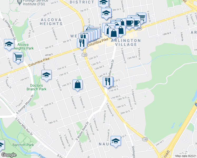map of restaurants, bars, coffee shops, grocery stores, and more near 1415 South Glebe Road in Arlington