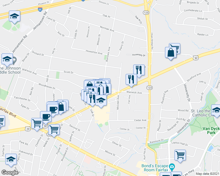 map of restaurants, bars, coffee shops, grocery stores, and more near 10614 Warwick Avenue in Fairfax