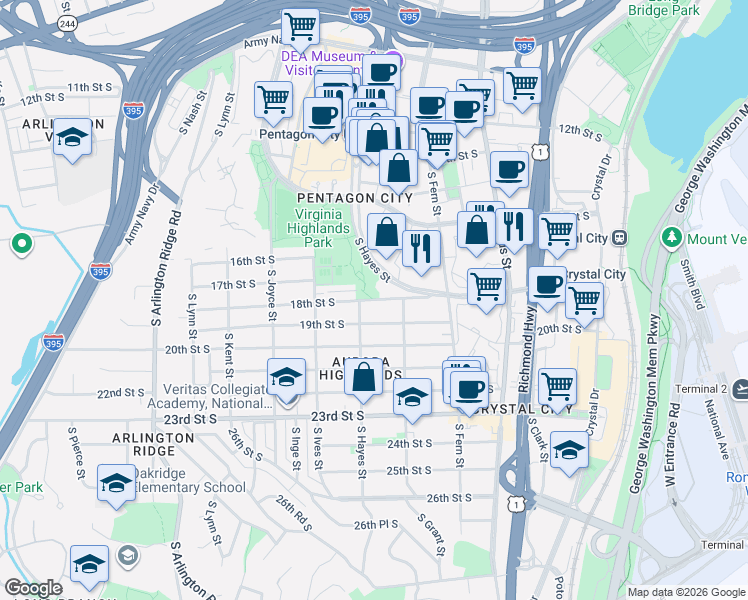 map of restaurants, bars, coffee shops, grocery stores, and more near 18th Street South in Arlington