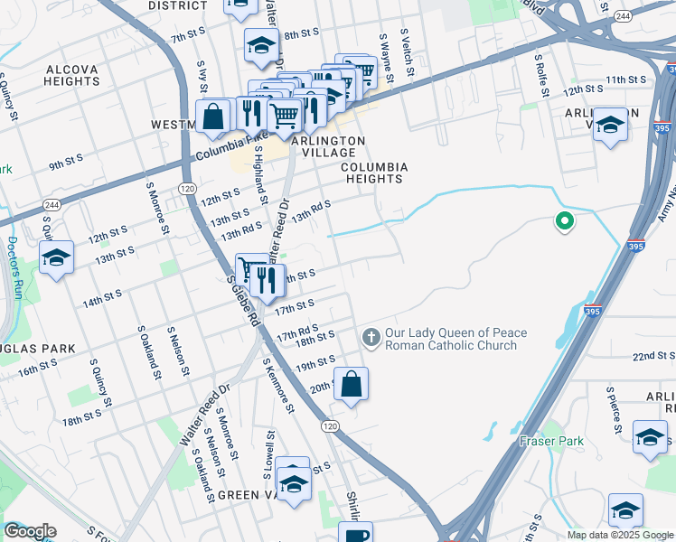 map of restaurants, bars, coffee shops, grocery stores, and more near 2804 16th Street South in Arlington