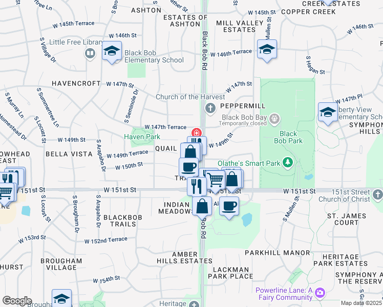 map of restaurants, bars, coffee shops, grocery stores, and more near 15008 South Black Bob Road in Olathe