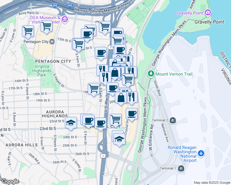 map of restaurants, bars, coffee shops, grocery stores, and more near 2051 South Bell Street in Arlington