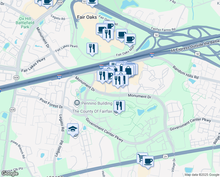 map of restaurants, bars, coffee shops, grocery stores, and more near 4125 Monument Corner Drive in Fairfax
