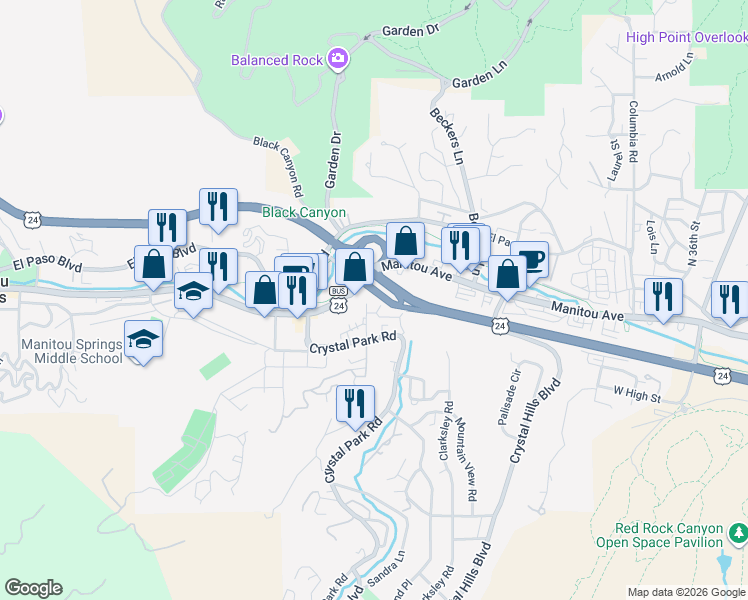 map of restaurants, bars, coffee shops, grocery stores, and more near 223-229 Manitou Avenue in Manitou Springs