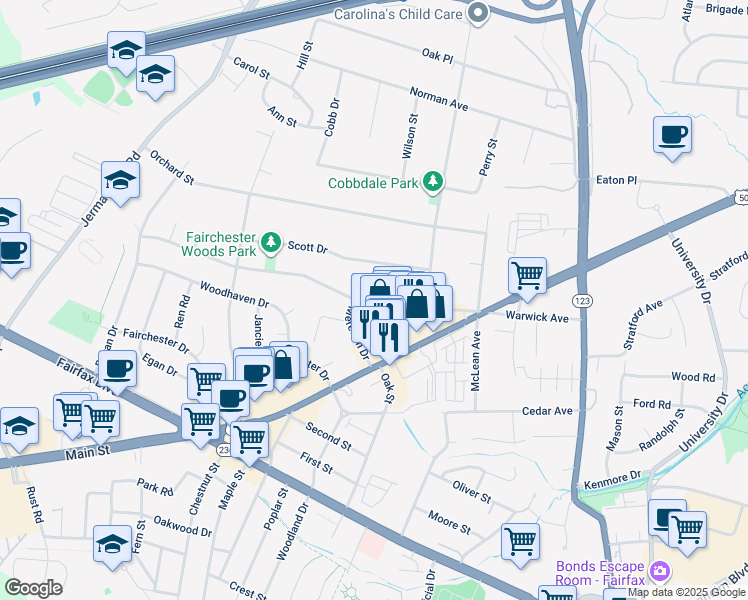 map of restaurants, bars, coffee shops, grocery stores, and more near 10712 Warwick Avenue in Fairfax
