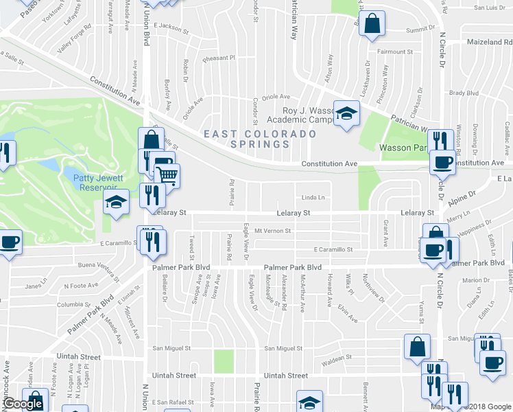 map of restaurants, bars, coffee shops, grocery stores, and more near 1713 Monteagle Street in Colorado Springs