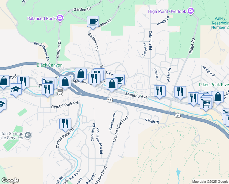 map of restaurants, bars, coffee shops, grocery stores, and more near 38 Manitou Avenue in Manitou Springs