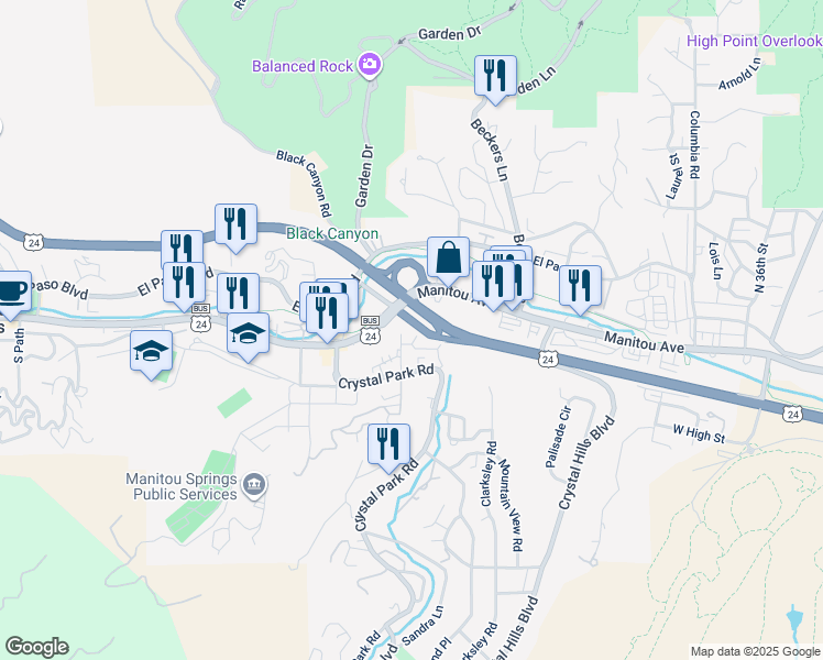 map of restaurants, bars, coffee shops, grocery stores, and more near 223-229 Manitou Avenue in Manitou Springs