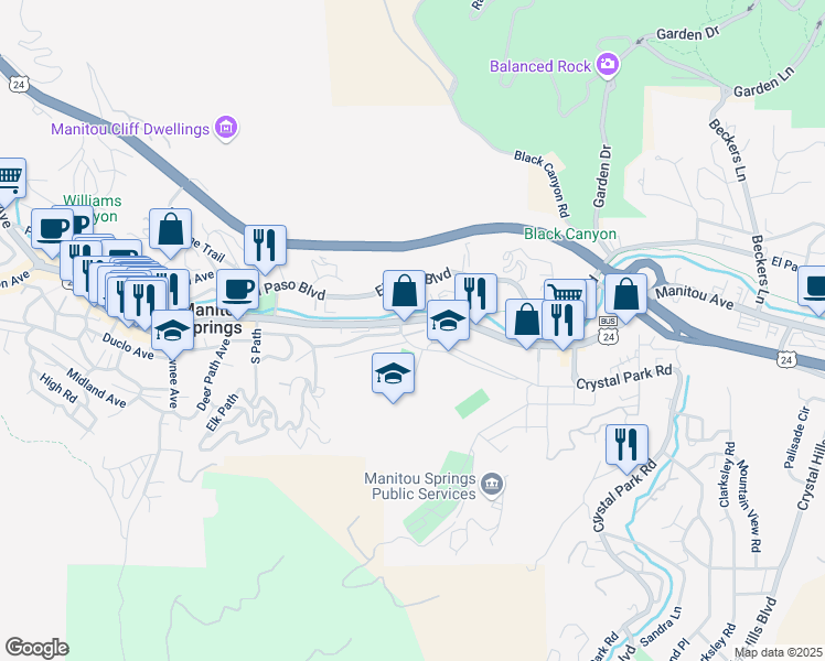map of restaurants, bars, coffee shops, grocery stores, and more near 423 Manitou Avenue in Manitou Springs