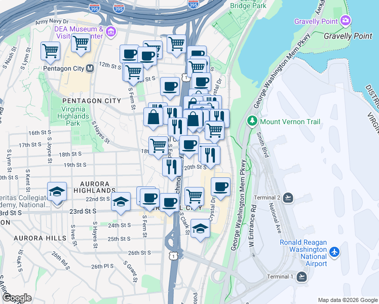 map of restaurants, bars, coffee shops, grocery stores, and more near 2050 South Bell Street in Arlington