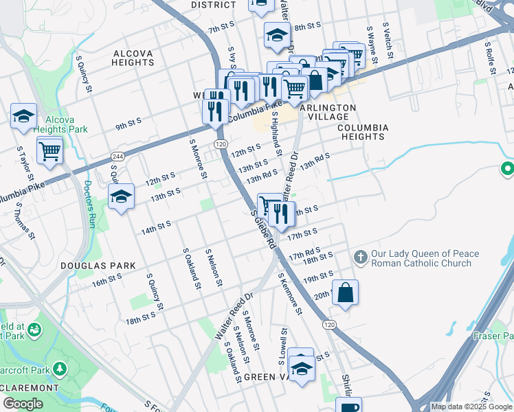 map of restaurants, bars, coffee shops, grocery stores, and more near 1415 South Glebe Road in Arlington