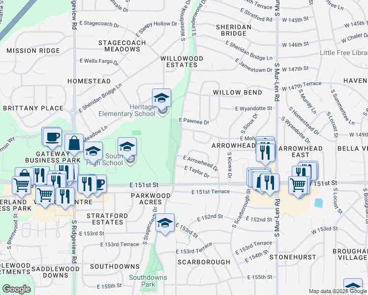 map of restaurants, bars, coffee shops, grocery stores, and more near 1616 South Lindenwood Drive in Olathe