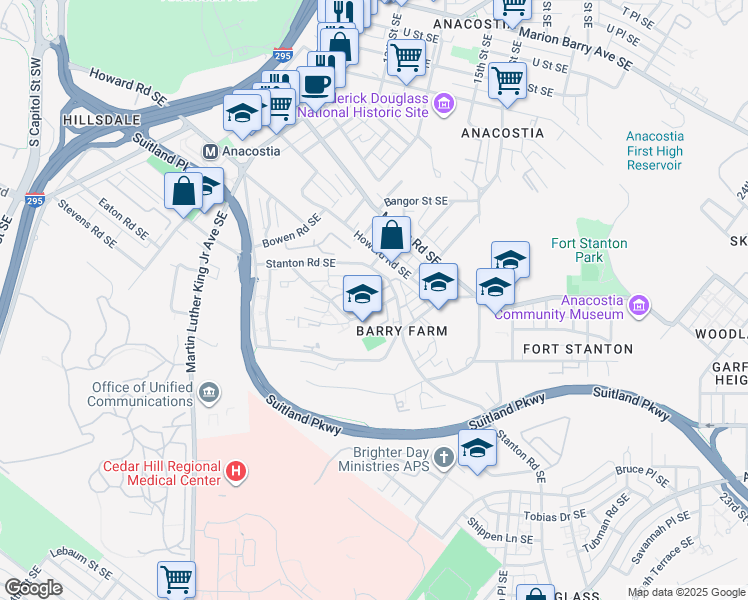map of restaurants, bars, coffee shops, grocery stores, and more near 2601 Douglass Place Southeast in Washington