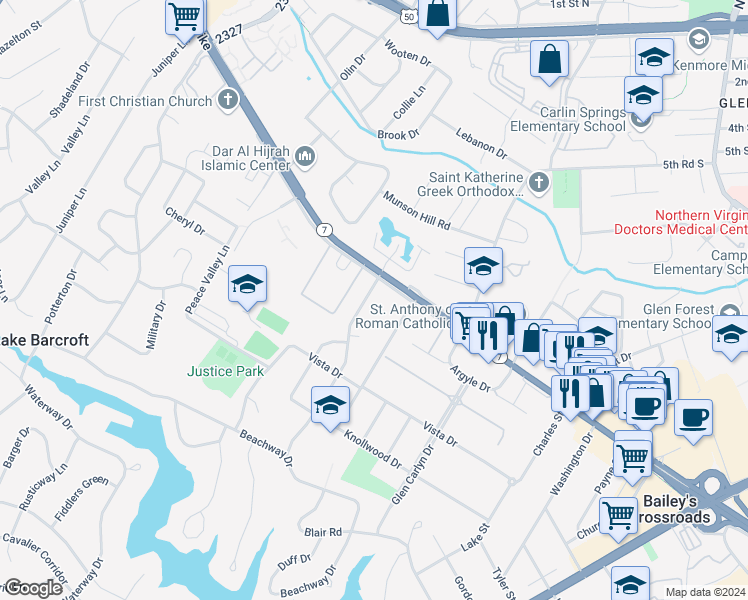 map of restaurants, bars, coffee shops, grocery stores, and more near 3305 Nevius Street in Falls Church