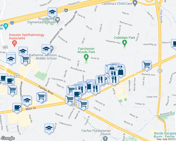 map of restaurants, bars, coffee shops, grocery stores, and more near 10826 Woodhaven Drive in Fairfax