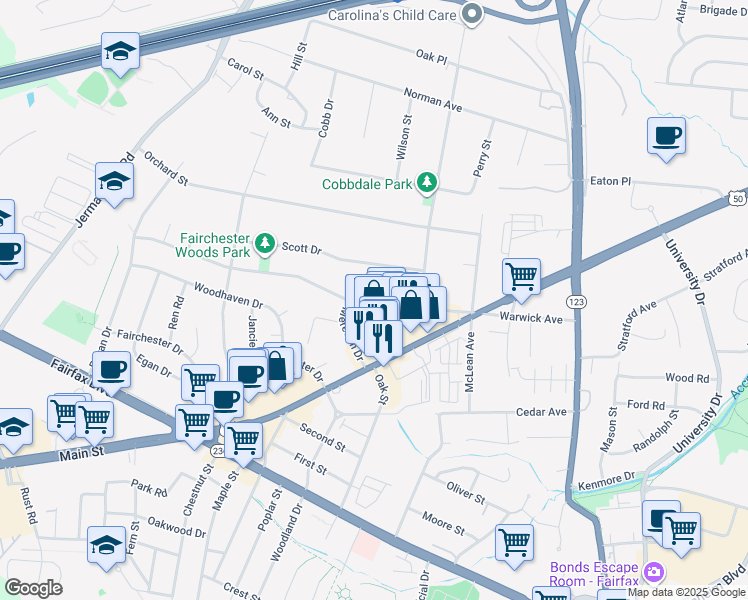 map of restaurants, bars, coffee shops, grocery stores, and more near 10710 Warwick Avenue in Fairfax