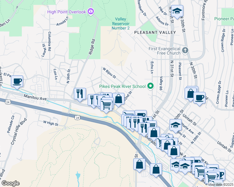 map of restaurants, bars, coffee shops, grocery stores, and more near 11 North 33rd Street in Colorado Springs
