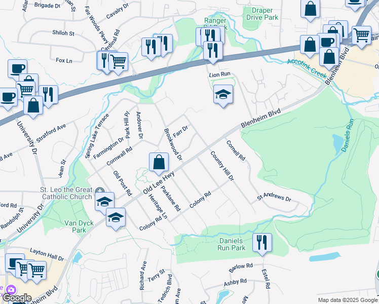 map of restaurants, bars, coffee shops, grocery stores, and more near 9917 Broadview Drive in Fairfax