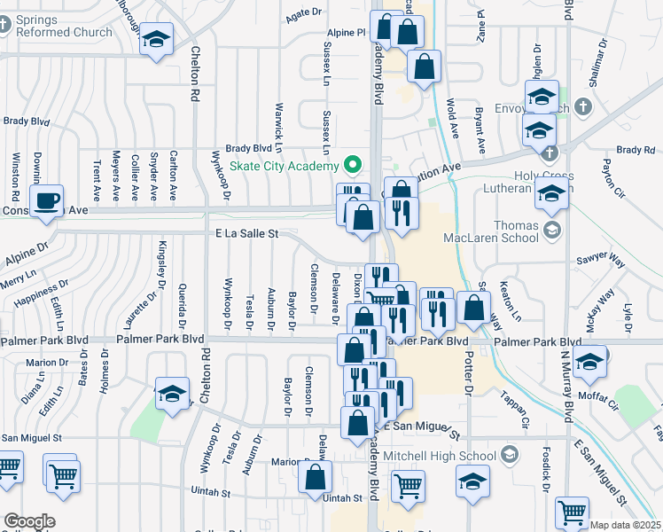 map of restaurants, bars, coffee shops, grocery stores, and more near 3735 East La Salle Street in Colorado Springs