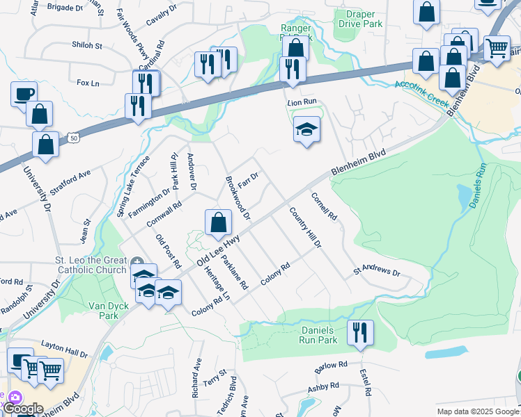 map of restaurants, bars, coffee shops, grocery stores, and more near 9917 Broadview Drive in Fairfax