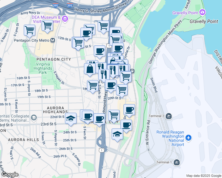 map of restaurants, bars, coffee shops, grocery stores, and more near 1800 South Bell Street in Arlington