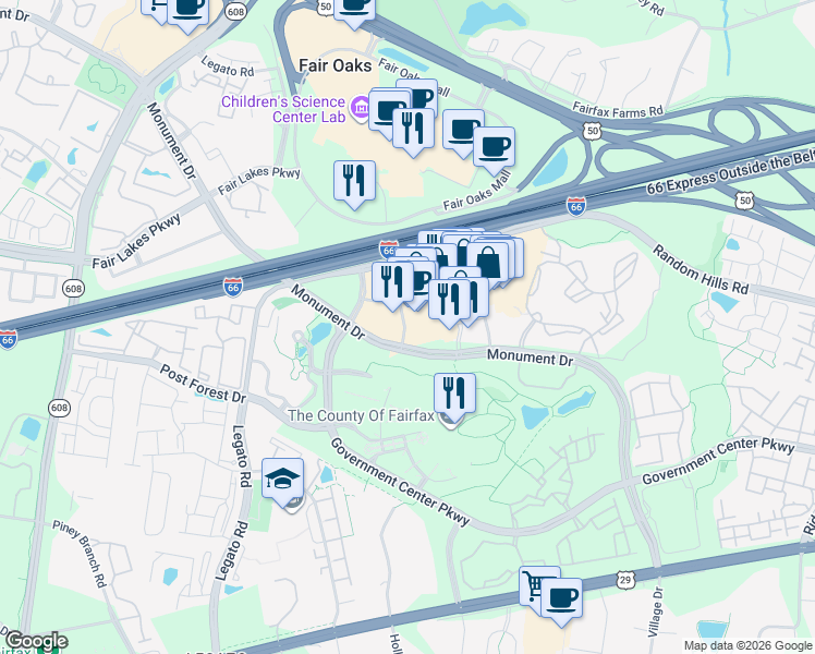 map of restaurants, bars, coffee shops, grocery stores, and more near 4125 Monument Corner Drive in Fairfax