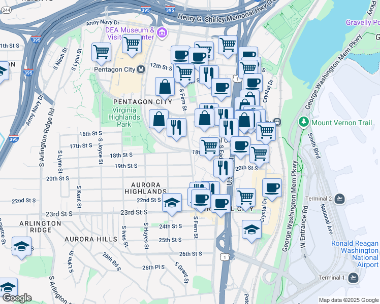 map of restaurants, bars, coffee shops, grocery stores, and more near 1805 South Fern Street in Arlington
