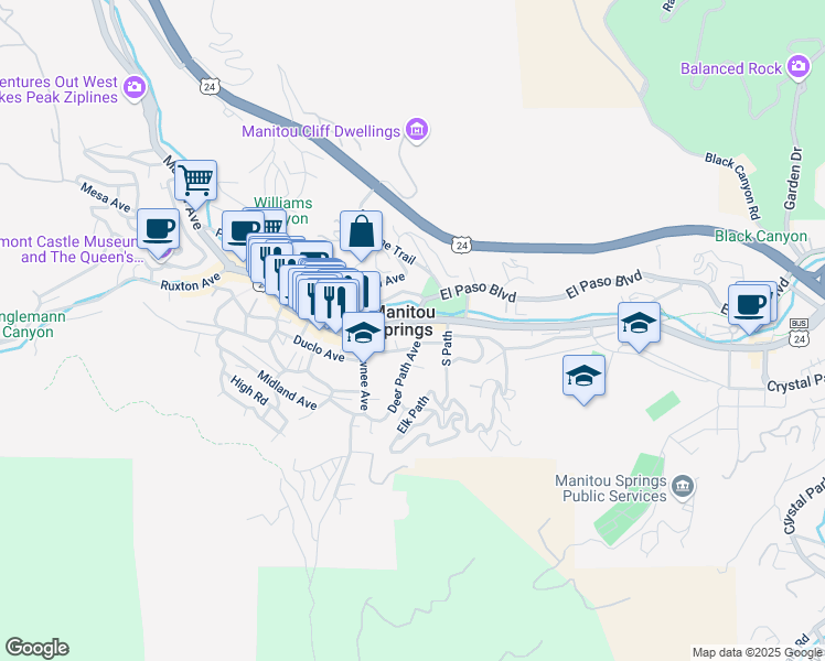 map of restaurants, bars, coffee shops, grocery stores, and more near in Manitou Springs